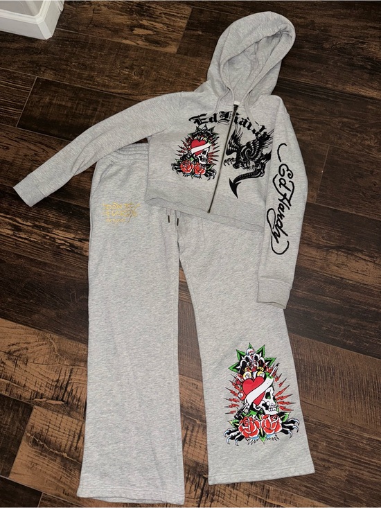 Ed Hardy Pants - Ed Hardy Gray Sweat Set with Red Rose & Black Script Graphics